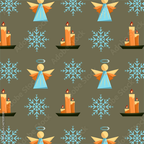 Festive pastel seamless pattern with Christmas elements. New Year abstract packaging. Religious postcard. Flat vector illustration.