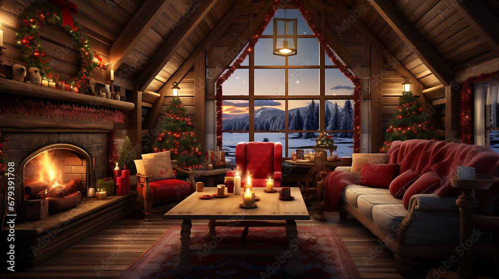 A cozy Christmas cabin interior for a virtual holiday getaway.