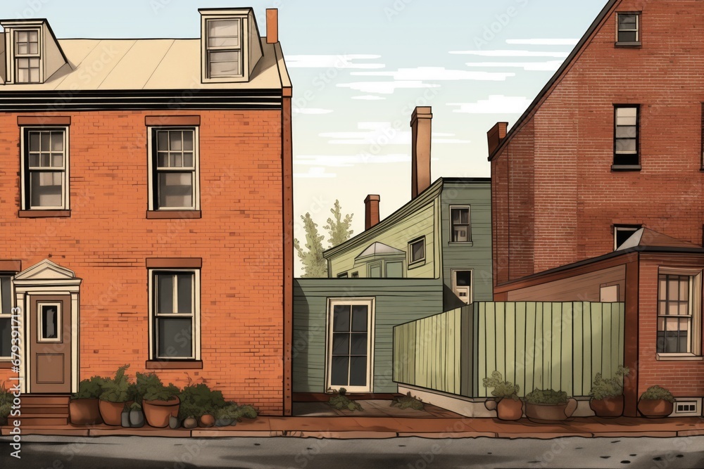 saltbox house with a brick facade and white trim details, magazine style illustration