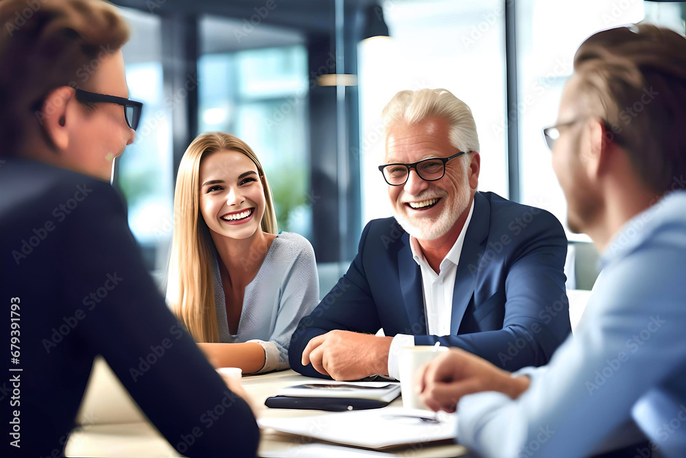 Fototapeta premium Mature employees and younger employees discussing work issues at the table, people working together