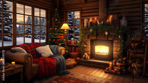 A cozy Christmas cabin interior for a virtual holiday getaway.