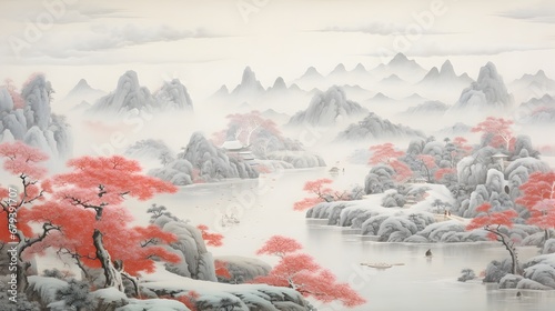 Fantasy landscape with ancient pagodas in the clouds.