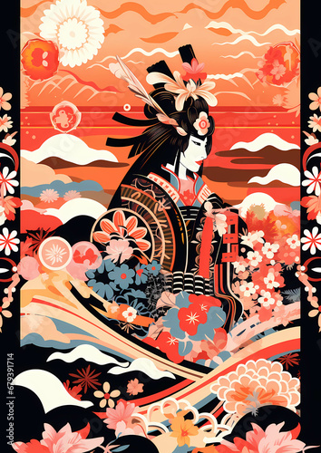 Vector Geisha Illustration colorful, generative Ai (ID: 679391714)