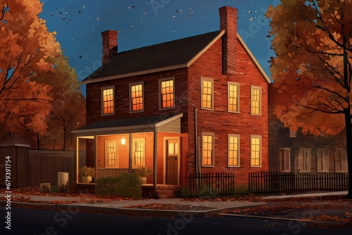 a brick saltbox house during golden hour, magazine style illustration