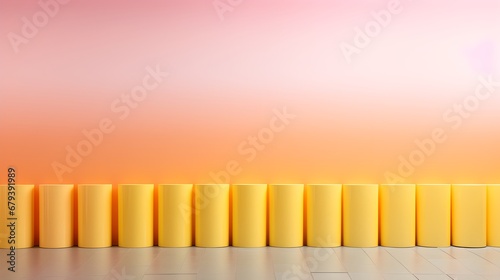 A row of yellow dominoes in front of a pink background