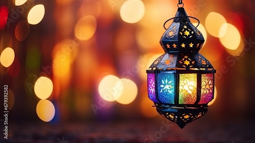 Hanging Moroccan Lantern Amidst Colorful Bokeh Background