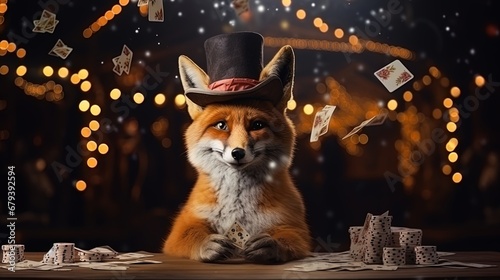 Fox in a magic hat, performing tricks with cards
