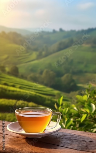cup of delicious tea and a background of blurred mountains