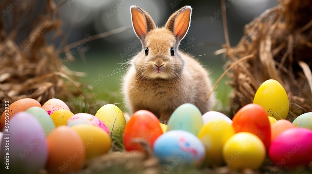 Easter bunny and Easter eggs. Generative AI Easter bunny and Easter eggs. Generative AI