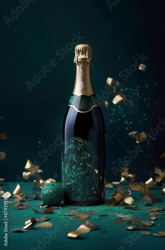 Champagne bottle with  glitte gold confetti on dark green background. Party and festive scene. Christmas, New Year, birthday or wedding celebration.