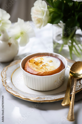 Creme brulee Dessert. French baked pudding in white porcelain bowl on table, white marble dining table, golden small spoon