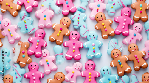 Closeup of many christmas gingerbread men colorful glazed cookies on light pink background, top view