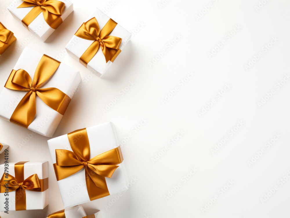 elegant gift boxes with golden satin bows on white background, top view. Christmas or birthday, greetings card with copy space elegant gift boxes with golden satin bows on white background, top view. Christmas or birthday, greetings card with copy space