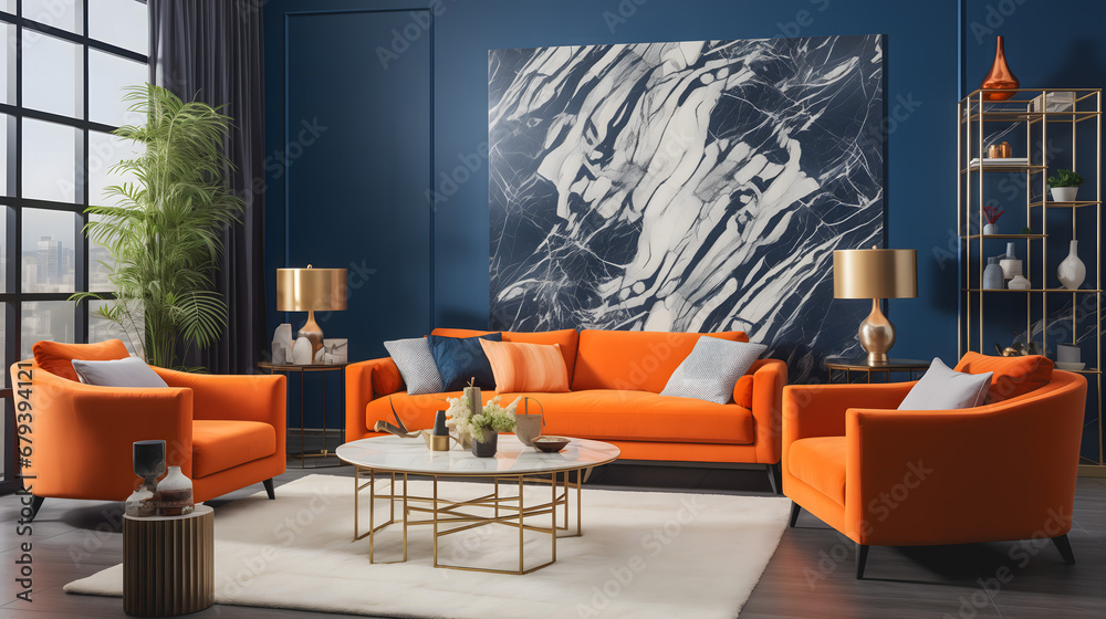 Un salon élégant avec un grand canapé orange, des fauteuils assortis, des tables basses et un grand tableau en texture marbre accroché mur bleu foncé. - obrazy, fototapety, plakaty 