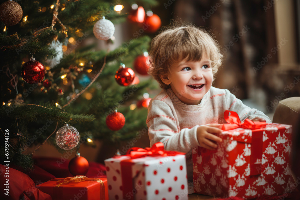 Little boy, smiling with an expression of surprise, receiving a red Christmas gift box, next to the illuminated tree on Christmas Eve, in the living room. Looking to the side Little boy, smiling with an expression of surprise, receiving a red Christmas gift box, next to the illuminated tree on Christmas Eve, in the living room. Looking to the side