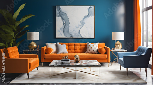 Un salon moderne et élégant avec un canapé orange, des fauteuils, une grande plante et un tableau en texture marbre.
