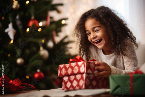Little Latin girl, smiling with an expression of surprise, receiving a red Christmas gift box, next to the illuminated tree during Christmas Eve, in the living room. Looking to the side photo