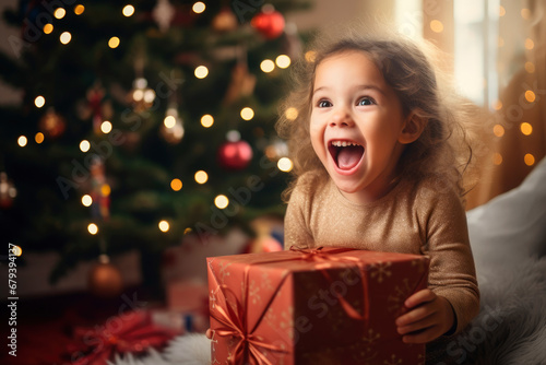 Little girl laughing with an expression of surprise, receiving a red Christmas gift box, next to the illuminated tree during Christmas Eve, in the living room.