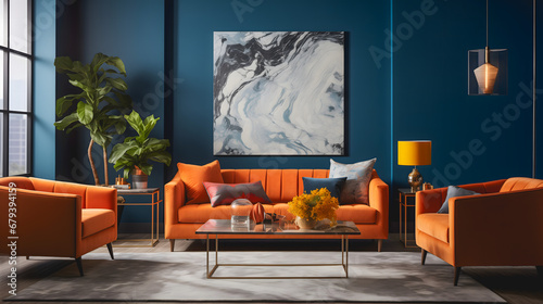 Un salon contemporain avec des murs bleus, un canapé et des fauteuils orange, une table basse en métal et des plantes vertes. photo
