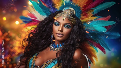 Beautiful stylish woman in carnival party costume. Dncing street festival concept. Ai generative