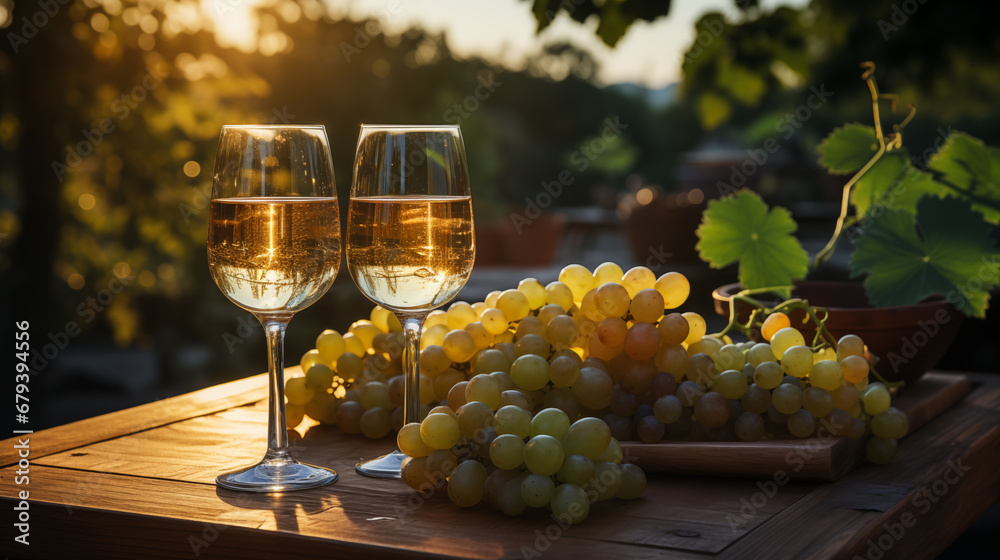 white wine in glasses, green grapes - obrazy, fototapety, plakaty 