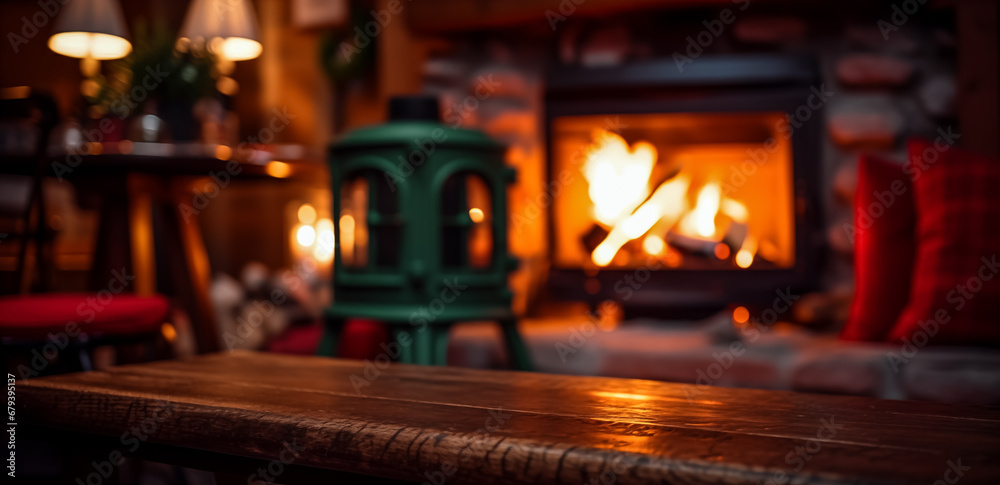 Cozy fireplace in a mountain chalet's warm, wooden interior. Old wooden table and fireplace with warm fire on the background.
