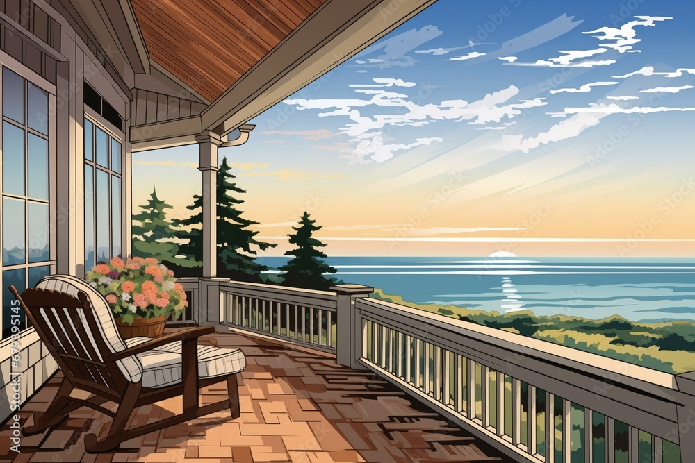 shingle style home balcony with ocean and sky in the frame, magazine style illustration