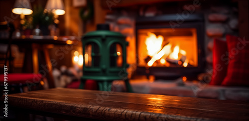 Cozy fireplace in a mountain chalet's warm, wooden interior. Old wooden table and fireplace with warm fire on the background. 