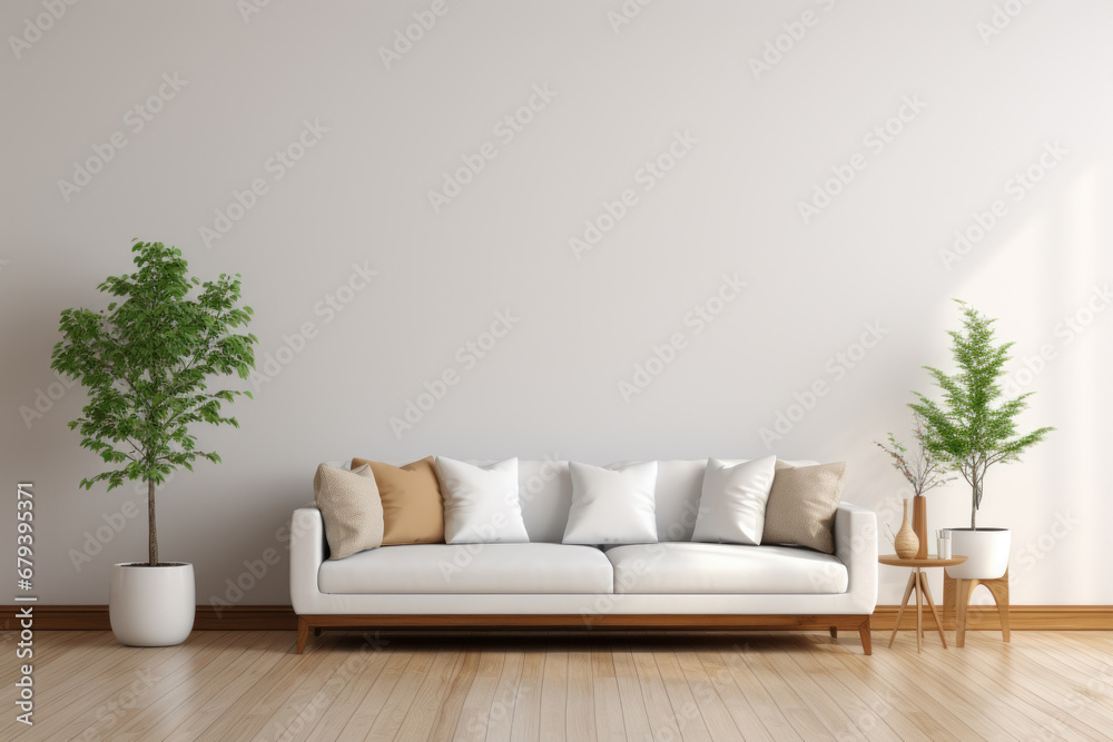 An empty contemporary living room with white walls, exemplifying modern interior design. Generative Ai.
