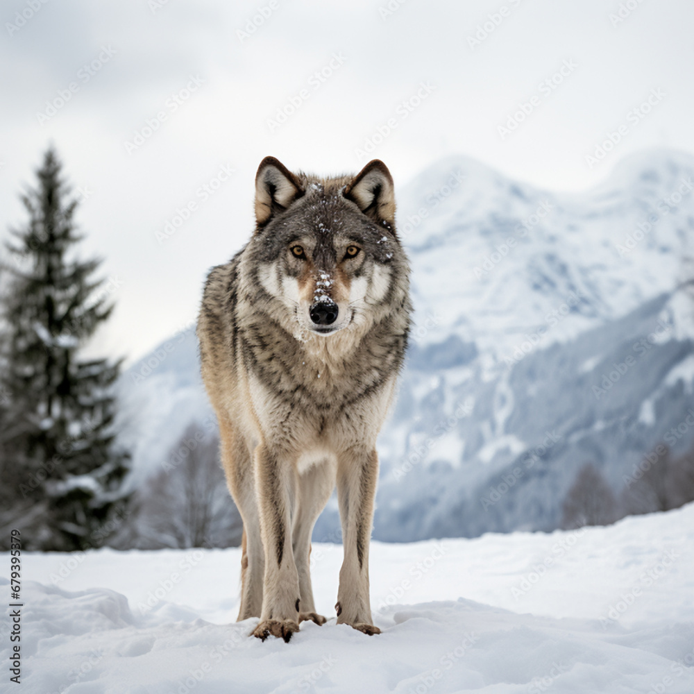 Lone wolf against a snowy backdrop. AI Generative. Lone wolf against a snowy backdrop. AI Generative.