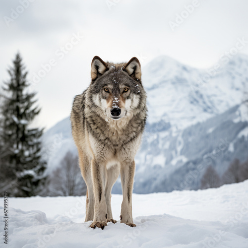 Lone wolf against a snowy backdrop. AI Generative.