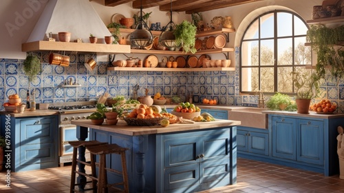 A Mediterranean kitchen in a Spanish home with sea-blue cabinets, terracotta tiles, and copper pots hanging above the island. photo