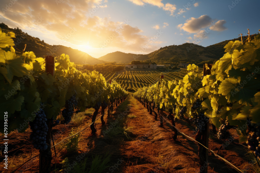 A sun-kissed vineyard with rows of grapevines, where the art of winemaking comes to life. Generative Ai.