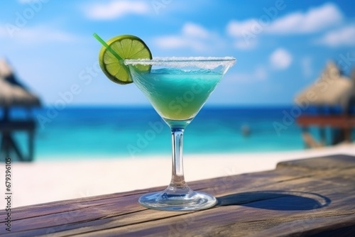  blue cocktail with lime slices on a wooden table against the background of the sea beach.