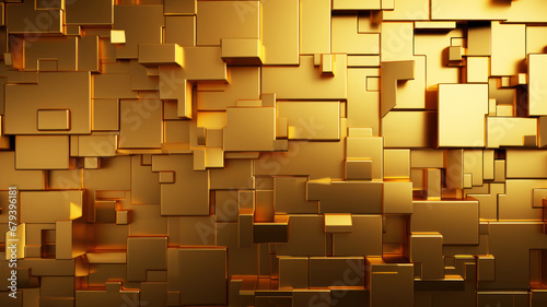 Abstract gold puzzle background, wall of shiny metal pieces, pattern of golden blocks. Concept of business, game, design, jigsaw, texture, success, wallpaper, strategy photo