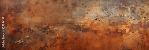 Rusty metal texture background, grungy sheet of old iron with rust. Vintage oxidized steel plate. Theme of industry, grunge, wall, weathered material, wide banner photo