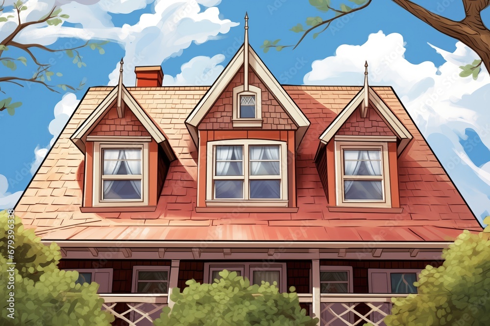 close-up shot of a gambrel roof with dormer windows, magazine style illustration