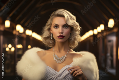 A sophisticated vintage woman in a fur stole and an evening gown, ready for a glamorous night out in the 1940s. Generative Ai. photo