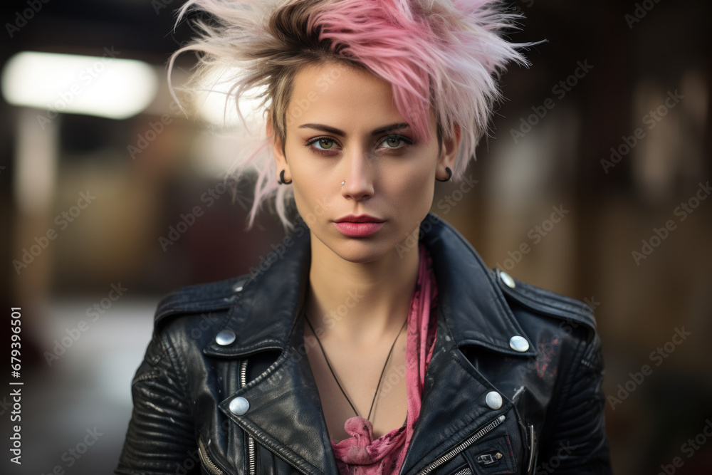 A bold vintage woman in a punk rock-inspired outfit, embracing the rebellious attitude of the 