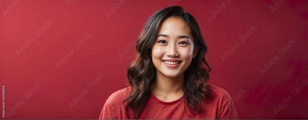 Naklejka premium A young Asian woman wearing a red shirt in front of a red background. Generative AI.