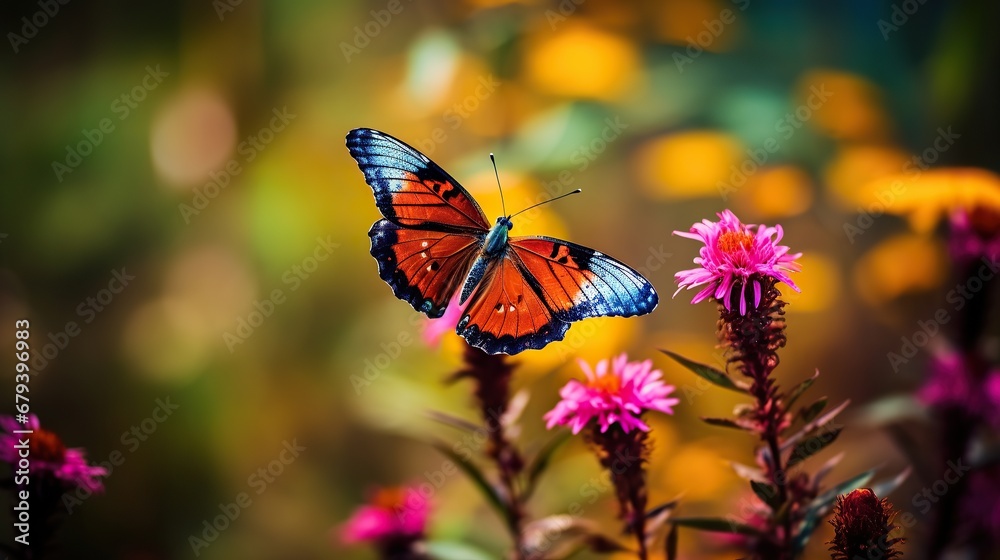 colorful butterfly on flower cinematic bright color vibration generative AI