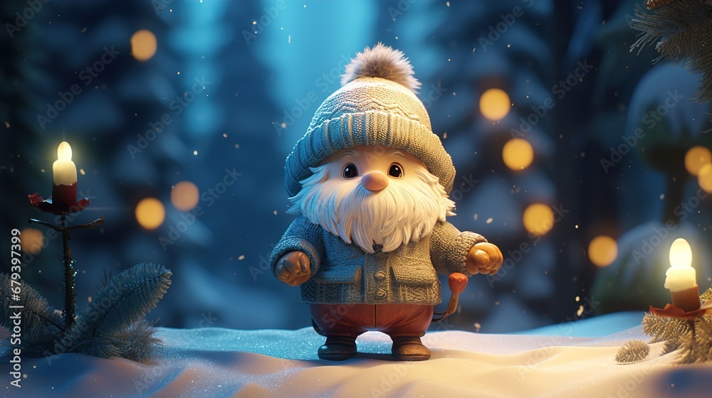 Obraz premium Cute little gnome in a winter forest. Ai generative