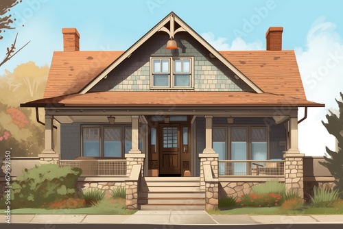 shingle style building with stone base, and a wooden door, magazine style illustration