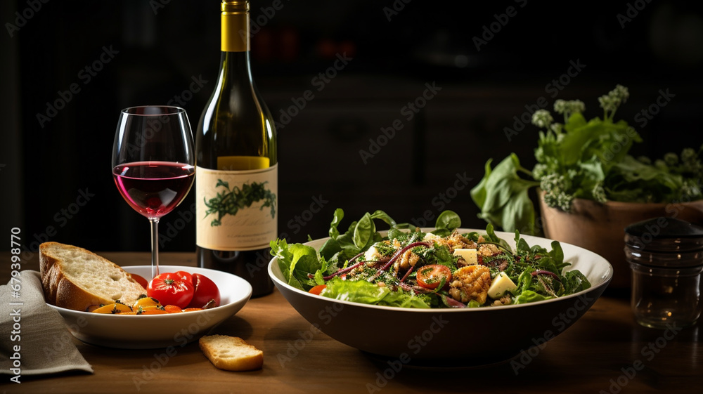 salad with chicken and vegetable and a glass of wine