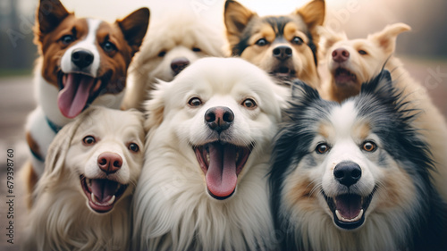 group of happy dogs at park