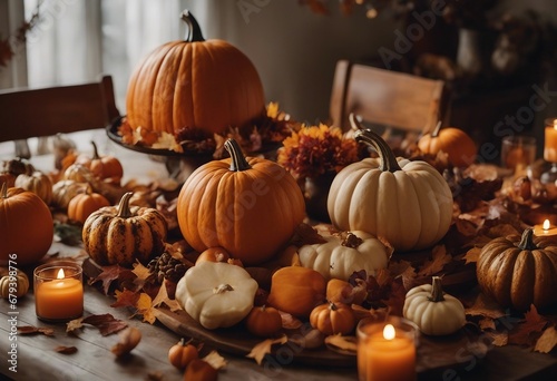 A festive autumn table filled with various types of pumpkins Fall Leaves Decor