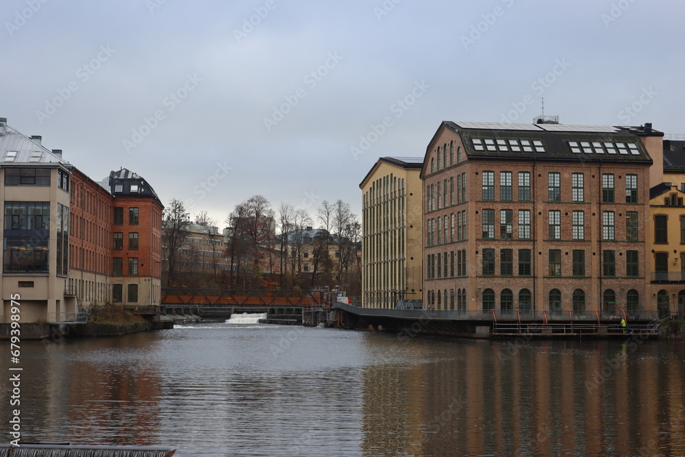 Sweden. Embankment on the river Motala ström in the city of Norrköping. City of Norrköping. Province of Östergötland. 