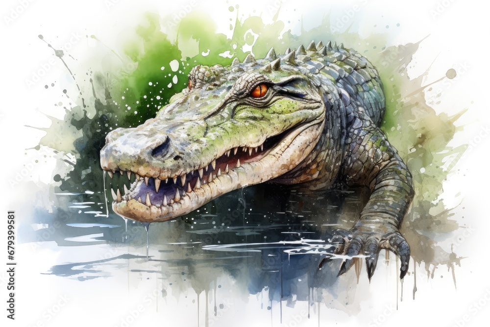 Fototapeta premium watercolor Crocodile, alligator tropical animal drawing by watercolor