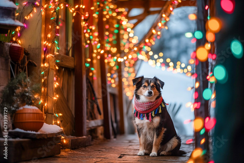 Dog on the Christmas street. Generative AI © lanych