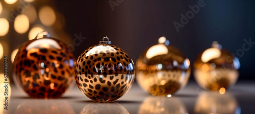 Leopard print decorative Christmas balls. Generative AI photo